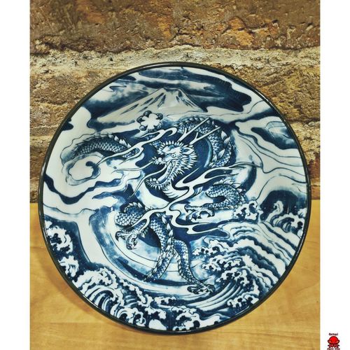 Cuenco de cerámica dragón azul grande
